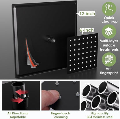 Enga Thermostatic Dual Shower System, 12"+6" Wall Mount Dual Rain Shower Faucet, All Functions Use Together & Volume Adjustable, Matte Black