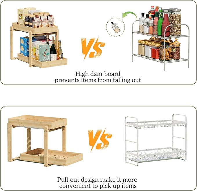 2 Pack Under Sink Organizer, Bamboo Wooden 2-Tier Pull-Out Storage with Sliding Drawers for Kitchen and Bathroom Cabinets, Easy Installation (Natural, 2 Packs)