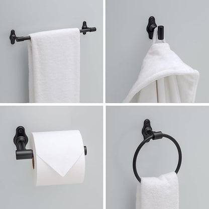 Franklin Brass Calloway 4-Piece Bathroom Set Matte Black 18" + 6" Towel Rack, Toilet Paper Holder, Hand Towel Holder, Hook | 4-Piece Bath Hardware Accessories Set CLWY64-MB