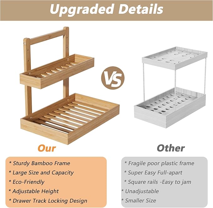 Bamboo Under Sink Organizer and Storage, 2 Tier Pull Out Cabinet Organizer, Slide Out Under Sink Storage Shelf, Undersink Organizers Shelves for Kitchen Bathroom Organization (Nature, 1 Pack)