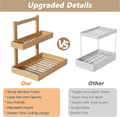Bamboo Under Sink Organizer and Storage, 2 Tier Pull Out Cabinet Organizer, Slide Out Under Sink Storage Shelf, Undersink Organizers Shelves for Kitchen Bathroom Organization (Nature, 1 Pack)