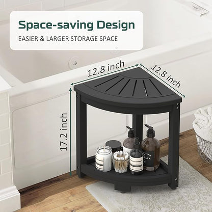 Waterproof Corner Shower Stool for Inside Shower, Poly Lumber Shower Bench Seat Chair, Bath Shower Stool for Shaving Legs Foot Rest with Storage Shelf, Adjustable & Non-Slip Feet, Black