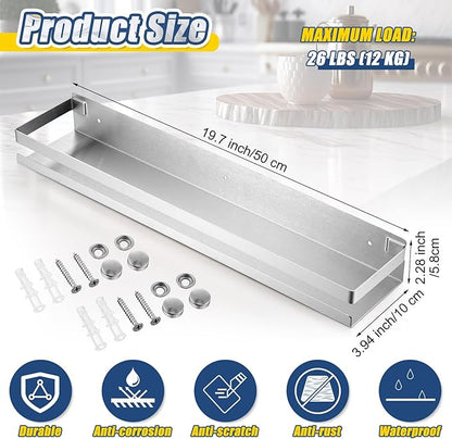 Lallisa 2 Pieces Stainless Steel Shelf Bathroom Shower Floating Shelves Wall Mounted Shower Caddy Basket Shelf Storage Organizer Shelves for Bathroom, Kitchen, Living Room(19.69 Inches/ 50 cm,Silver)