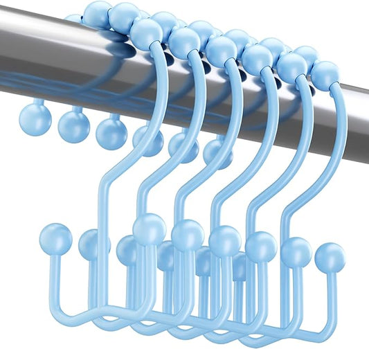 Titanker Shower Curtain Hooks, Rust Resistant Shower Curtain Rings for Bathroom, Metal Double Glide Shower Hooks Hangers for Bathroom Shower Rods Curtains, Set of 12 Hooks - Blue