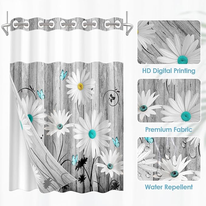 No Hook Flower Daisy Shower Curtain with Snap in Fabric Liner Set, Gray Wooden Boards Double Layers Waterproof Fabric with See Through Top Window Open Grommet Bath Curtain 54x80 Inch