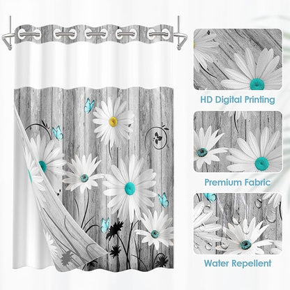 No Hook Flower Daisy Shower Curtain with Snap in Fabric Liner Set, Gray Wooden Boards Double Layers Waterproof Fabric with See Through Top Window Open Grommet Bath Curtain 71x74 Inch