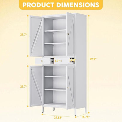 Freestanding Display Storage Cabinet with 4 Doors,Metal Kitchen Pantry Storage Cabinet with Adjustable Shelf for Kitchen Home Office, Assembly Required,White