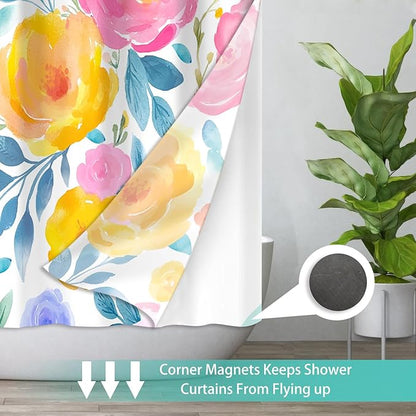 No Hook Shower Curtain Set with Snap in Fabric Liner for Bathroom,with See Through Top Window,Double Shower Curtain with Detachable Liner Replacement,Machine Washable,Rich Flower,71"x 74"