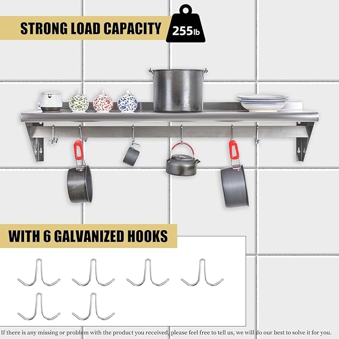 Hally Stainless Steel Shelf with 6 Hooks 12" x 48" Wall Mounted Pot Rack, NSF Commercial Floating Shelving for Storage Hanging Pots, Pans, cookware in Restaurant, Kitchen, Home and Hotel
