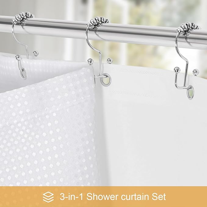 3-in-1 White Waffle Shower Curtain Set, Waterproof Fabric Modern Shower Curtain with PEVA Liner & 12 Stainless Steel Double-Sided Hooks, Hotel Style Bathroom Decor, 72 x 72