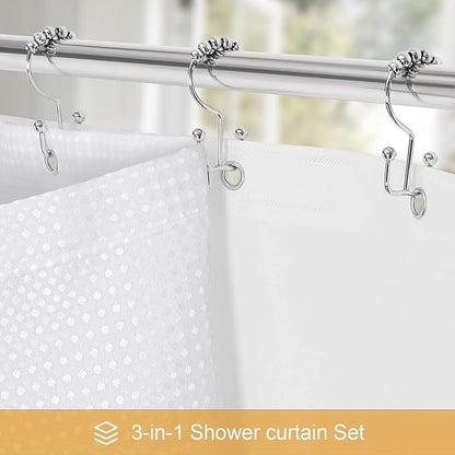 3-in-1 White Waffle Shower Curtain Set, Waterproof Fabric Modern Shower Curtain with PEVA Liner & 12 Stainless Steel Double-Sided Hooks, Hotel Style Bathroom Decor, 72 x 72