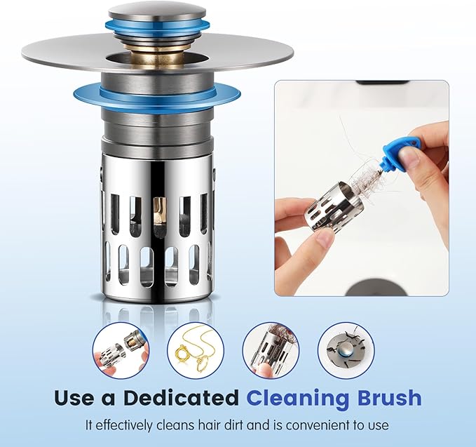 Universal Bathroom Sink Stopper, Pop Up Sink Drain Strainer Plug with Removable Stainless Steel Filter Basket Hair Catcher,Solid Brass Body,Bathroom Bathtub Drain Stopper,Gun Grey