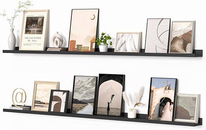 Heimlove Picture Ledge Shelf, Floating Shelves Set of 2, 72 Inches Long Large Picture Shelf for Wall with Ledge, Kids Bookshelf Wall Mounted for Living Room Bedroom Decor Books Photo Frames, Black