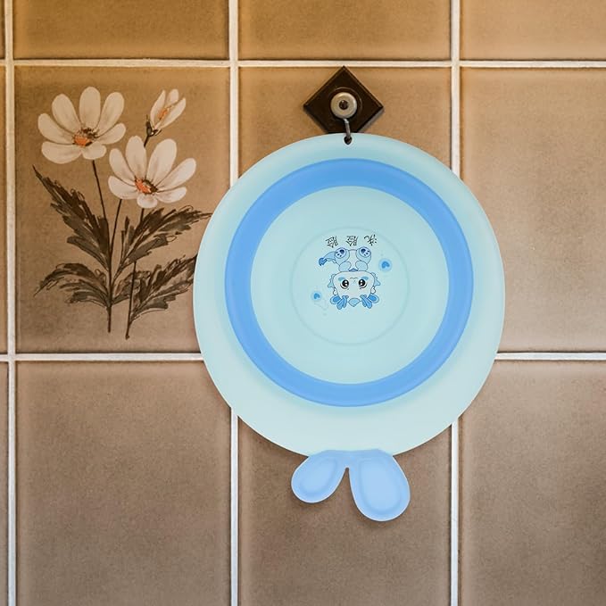Kisangel Foldable Bath Tub and Wash Basin for Newborns, Cartoon Blue, Portable Plastic Bathtub for Bottle Washing and Hair Wash, Suitable for Travel and Home Bathing