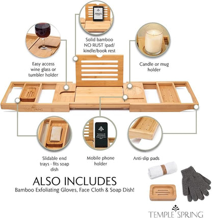 Temple Spring Wooden Bathtub Tray, Bamboo Bathroom Accessories, Bath Tray for Tub, at Home Spa Essentials, Board for Tub Table, Bath Caddy for Bathtub Accessories & Bathroom Essentials – Natural