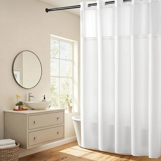River Dream Extra Long Shower Curtains No Hooks Waffle Weave Shower Curtain with Snap in Liner - 71W x 86H,Hotel Grade,Spa Like Bath Curtain,White