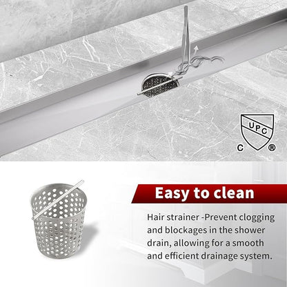 Sharp-tec Linear Shower Drain, 48 inch Shower Drain with Removable Pattern Cover, Brushed Nickel 304 Stainless Steel Rectangle Floor Drain, Adjustable Feet and Hair Strainer Included (Model 101)