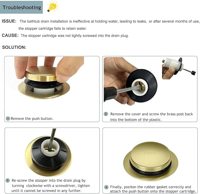 Tip-Toe Bathtub Drain Kit with Two-Hole Overflow Plate, Premium Quality Bath Tub Drain Replacement, Universal Fine/Coarse Thread Bathtub Stopper (Brushed Gold)