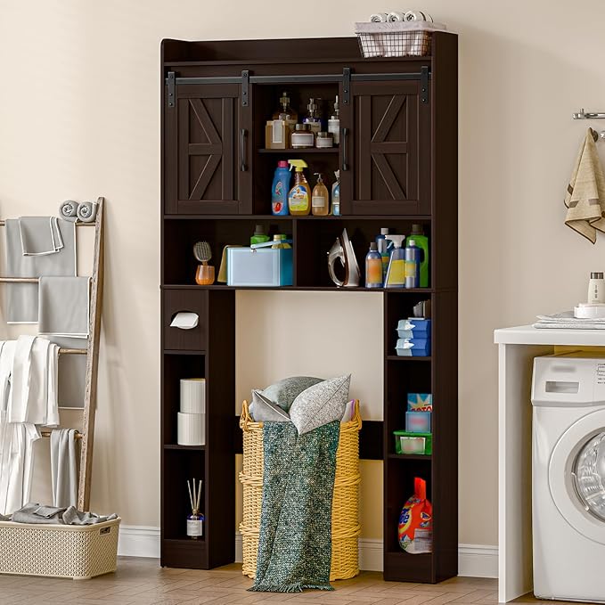 Over The Toilet Storage Cabinet, Farmhouse Toilet Cabinet Rack with Barn Doors, Space Saving Bathroom Organizer with Shelves, Toilet Paper Holder and Towel Rack for Bathroom,Restroom,Laundry,Walnut
