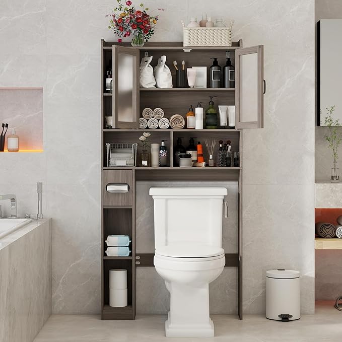 Vabches Over The Toilet Storage Cabinet, Farmhouse Storage Cabinet Over Toilet with Acrylic Doors，Home Space-Saving Toilet Rack, for Bathroom, Restroom, Laundry(Grey