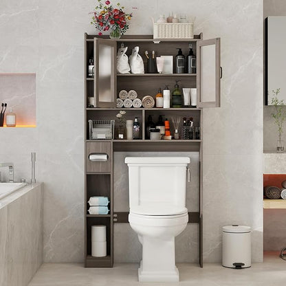 Vabches Over The Toilet Storage Cabinet, Farmhouse Storage Cabinet Over Toilet with Acrylic Doors，Home Space-Saving Toilet Rack, for Bathroom, Restroom, Laundry(Grey