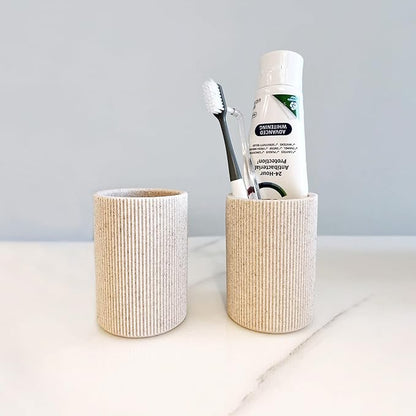Small Sand Beige Toothbrush Holder for Bathroom Countertop, Modern Boho Farmhouse Style, Multi-Purpose Organizer, Rust-Proof Unbreakable Resin Cup