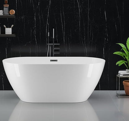 Freestanding Bathtubs 59 inch Acrylic Stand Alone Tub – White Finish with Chrome Drain, Ergonomic Oval Design, Modern Freestanding Tub for Bathroom, Family or Guest Soaking