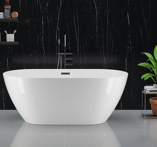 Freestanding Bathtubs 59 inch Acrylic Stand Alone Tub – White Finish with Chrome Drain, Ergonomic Oval Design, Modern Freestanding Tub for Bathroom, Family or Guest Soaking