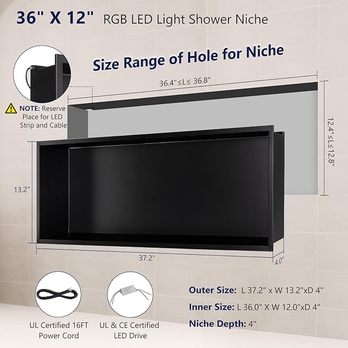 36" X 12" RGB LED Shower Niche No Tile Needed, 304 Stainless Steel Shower Niche Insert Tile Ready, Recessed Wall Shelf for Bathroom Storage Organizer with Remote Control, Matte Black