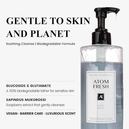 Atom Fresh Antioxidant-Rich Body Wash – Ocean Breeze | Softening Cleanse with Oat Amino Acids, Soapberry & Vitamin E | Plant-Based, Sulfate-Free (16.94 fl oz)