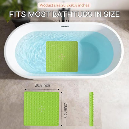 Anti-Slip Bathtub Shower mat, 20.8×20.8（Approximately 53×53cm） inch Soft Oversized Machine Washable Non-Slip Bathtub mat with Drainage Holes, Bathroom Floor Suction Cup.（1-Opaque Pea Green）
