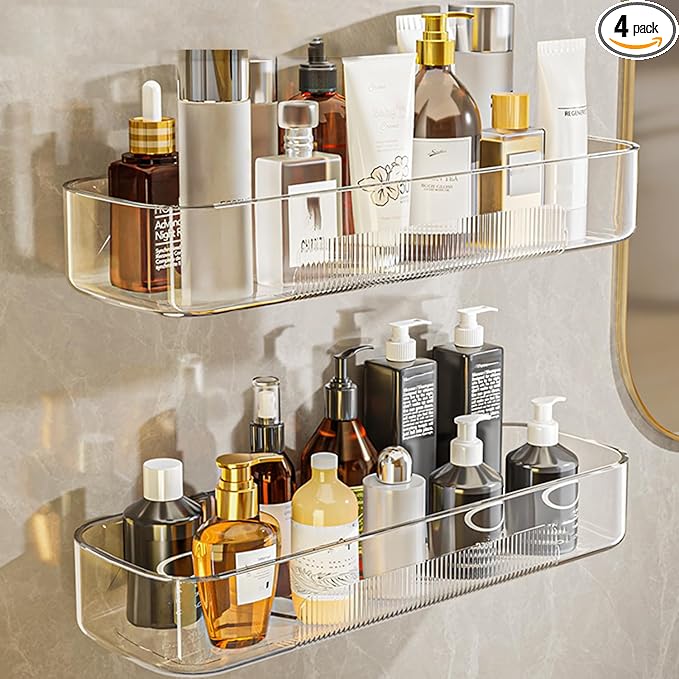 Acrylic Shower Shelves 4Pack, 14" Clear Plastic Wall Shelf Organizer for Bathroom and Kitchen, No Drilling Wall Adhesive Shelf, Bathroom Shelves Organizer for Wall Storage, Large Capacity