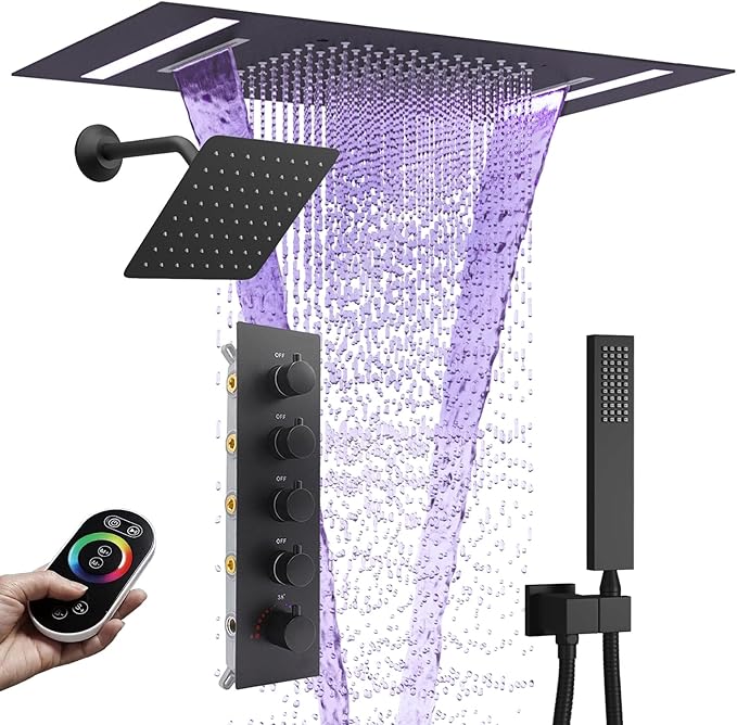 Dual Rain Shower Head Thermostatic Luxury Spa Shower System And Ceiling Mount 14x20 Inch LED 4 Functions with 6 Inch Wall Head Shower Faucet Set,Matte Black
