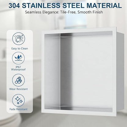 Neodrain Recessed Shower Niche, Bathroom Storage Cabinet Inner Size 12" X 12", Brushed Stainless Steel Bathroom Wall Niche Insert No Tile Needed for Shampoo