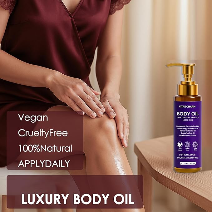 Vitae Charm Body Oil, Luxury Body Oil for Crepe Skin, Firming Tightening & Hydrating Body Serum with Vitamin E and Sweet Almond Oil, Smooths Skin for Women