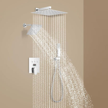 Polished Chrome Shower System Temperature Display Shower Set, Push Button Shower Faucet with 2 Rainfall Shower Head(12+8"), with Handheld Shower