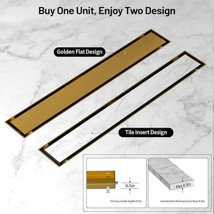 Linear Shower Drain, 304 Stainless Steel with Adjustable Leveling Feet, Hair Strainer,Reversely Install Place to Create an Invisible Floor Drain - Gold -18-Inch