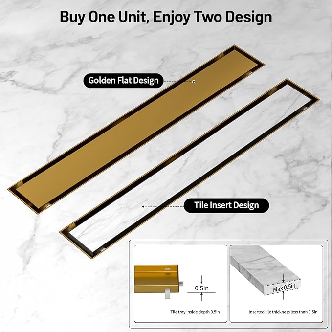 Linear Shower Drain, 304 Stainless Steel with Adjustable Leveling Feet, Hair Strainer,Reversely Install Place to Create an Invisible Floor Drain - Gold -16-Inch