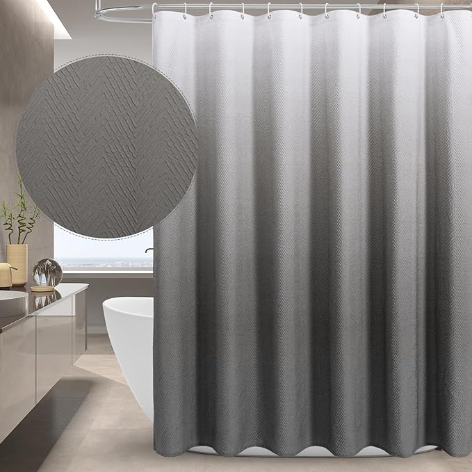Gibelle Ombre Grey Shower Curtain, 3D Embossed Textured Herringbone Fabric Shower Curtain, Modern Farmhouse Bathroom Decor Soft Cloth Shower Curtain Set with Hooks, 72x72