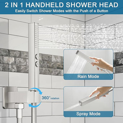 Shower Faucet Set Brushed Nickel Shower System, Ceiling Mount 12 Inch Shower Head With Wall Mount 6 Inch Shower Head and 2 in 1 Handheld Spray, Push Button Diverter Shower Valve Trim Kit