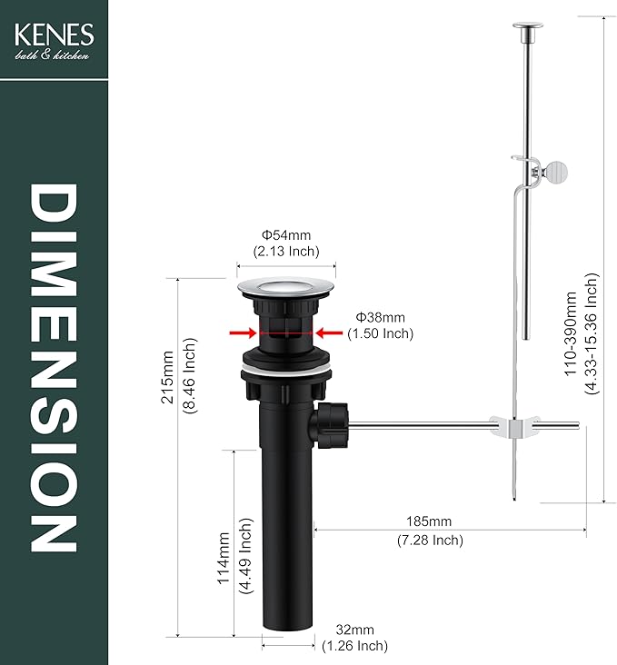 KENES Bathroom Sink Drain Stopper with Lift Rod, Chrome Sink Drain with Overflow, Lavatory Pop Up Drain Assembly for Bathroom Vanity Sink, LJ-P701-5