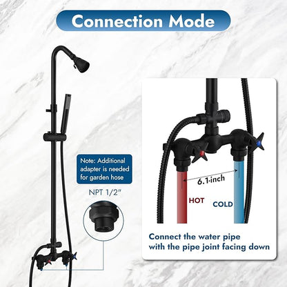 Matte Black Wall Mount Outdoor Shower Kit with Hand Held Spray Two Cross Handles with Adjustable Slide Bar Two Function Exposed Shower Faucet System