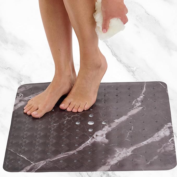 ENKOSI Square Shower Mat 21 x 21 – Anti Slip Shower Mat with Secure Suction Cups and Drain Holes – Square Shower Stall Floor Mats with Black Marble Design (Marble Black 21x21)