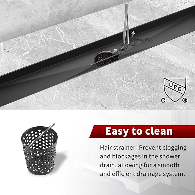 Sharp-tec Linear Shower Drain, 24 inch Shower Drain with Removable Pattern Cover, Matte Black 304 Stainless Steel Rectangle Floor Drain, Adjustable Feet and Hair Strainer Included (Model 101)