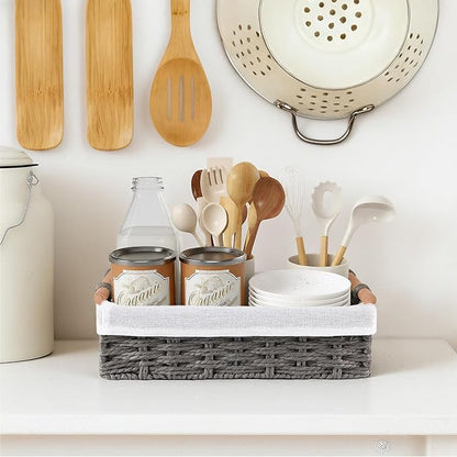 HomeHacks 2 Pack Storage Basket Paper Rope Baskets for Organizing with Handle Decorative Storage Bins for Countertop Toilet Paper Basket for Toilet Tank Top Small Baskets, Grey