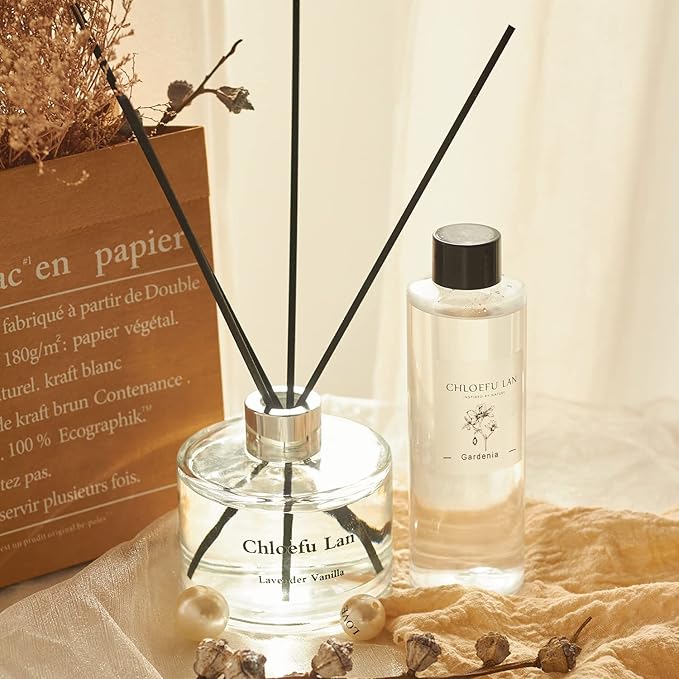 Chloefu LAN Gardenia Reéd Diffuser Refill 200ml/6.76 fl oz, Natural Essential Scented Oil, Best for Aromatherapy, SPA and Home, 0% Alcohol, A Fresh Clean Scent, Free Set of Diffuser Sticks