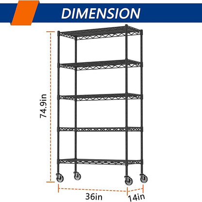 5-Shelf Adjustable Heavy Duty Storage Shelving Unit on 4 Wheel Casters, Metal Organizer Wire Rack for Laundry Bathroom Kitchen Pantry Closet, Black