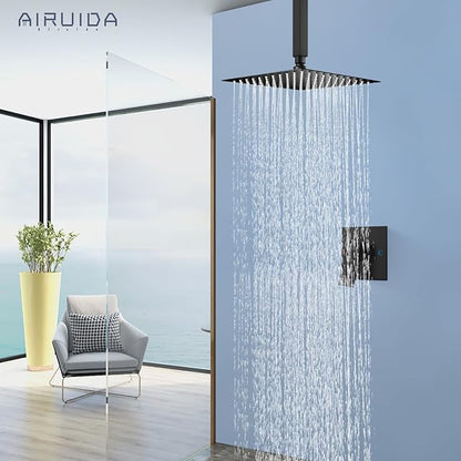 Airuida Shower Faucet Set and Handle Set Single Function Shower Trim Kit Ceiling Mount Rainfall Shower System with Male Threads and Rough-in Valve 10 Inch Square Shower Head Matte Black