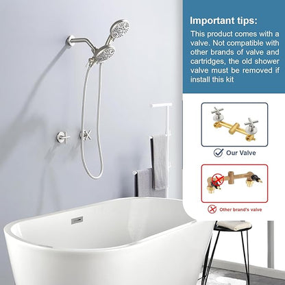 2 Handles Shower Faucet Shower System Complete 2 in 1 Shower Combo Set with Handheld Showerhead Shower Trim Kit Wall Mounted Shower Fixtures Brushed Nickel