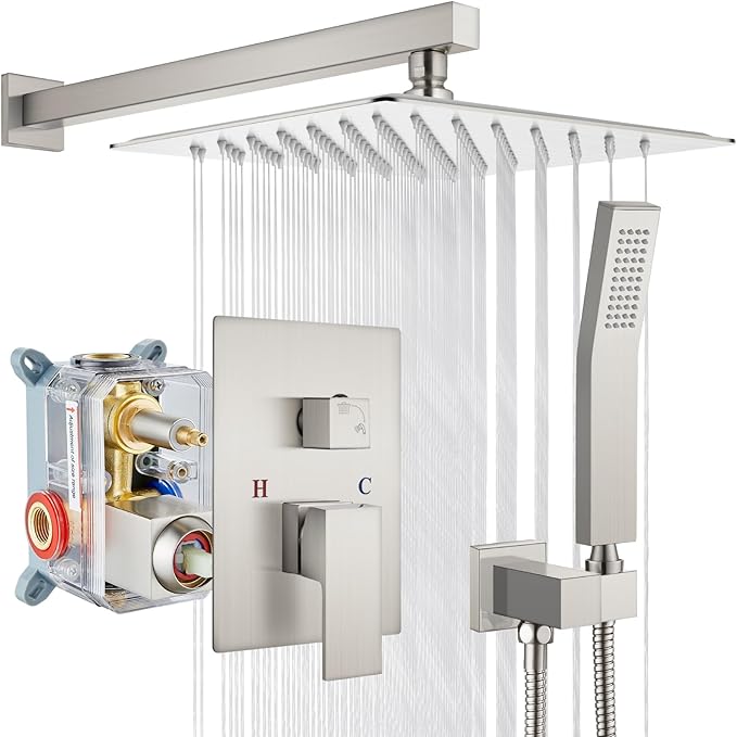 gotonovo Rainfall Bathroom Shower System Rain Shower Head and Handle Set Wall Mounted Shower Complete Combo Solid Brass Pressure Balancing Shower Mixer Valve 10 Inch Brushed Nickel